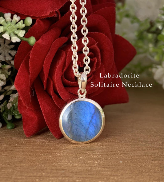Labradorite Solitaire Necklace – Dainty Gold Vermeil or Sterling Silver Pendant