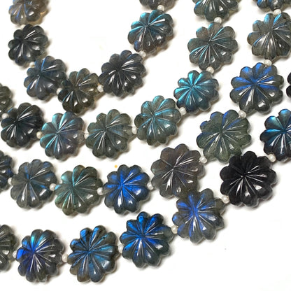 Natural Labradorite Flower Beads 10 Pcs - Blue Flash Carved Gemstone Briolette