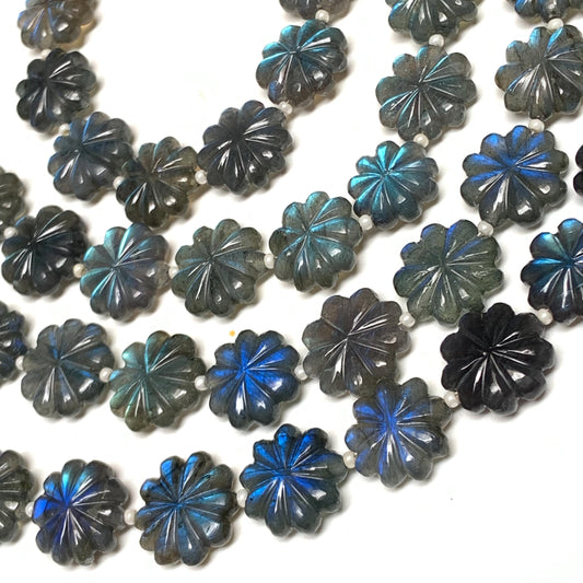 Natural Labradorite Flower Beads 10 Pcs - Blue Flash Carved Gemstone Briolette