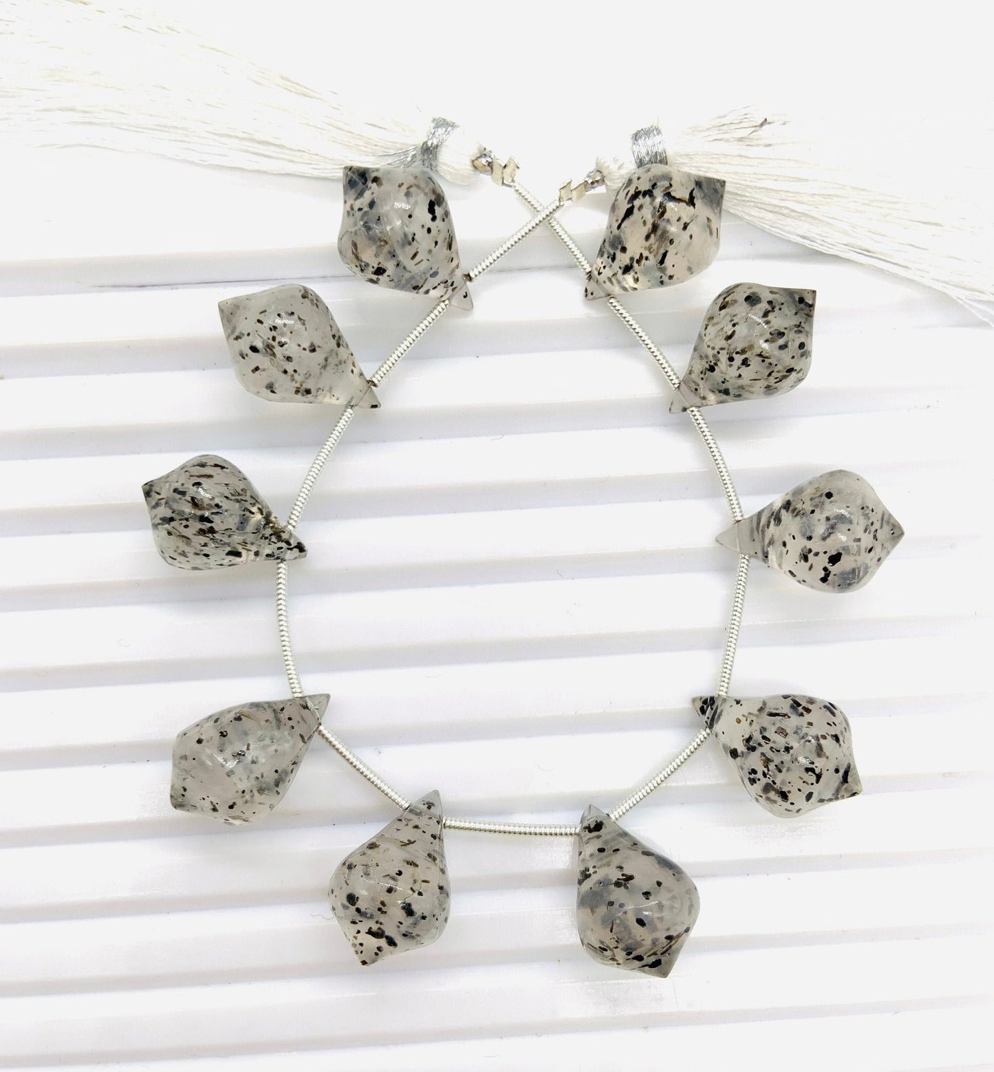 10 Pieces Natural Black Dot Quartz Trolleite Slanted Smooth Gemstone Beads Size 12x17mm Trolleite for Jewelry Making.