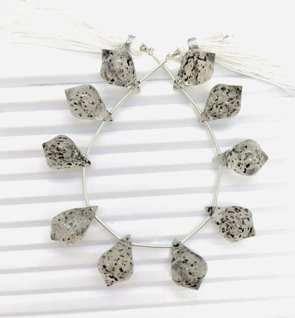 10 Pieces Natural Black Dot Quartz Trolleite Slanted Smooth Gemstone Beads Size 12x17mm Trolleite for Jewelry Making.