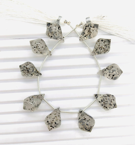 10 Pieces Natural Black Dot Quartz Trolleite Slanted Smooth Gemstone Beads Size 12x17mm Trolleite for Jewelry Making.