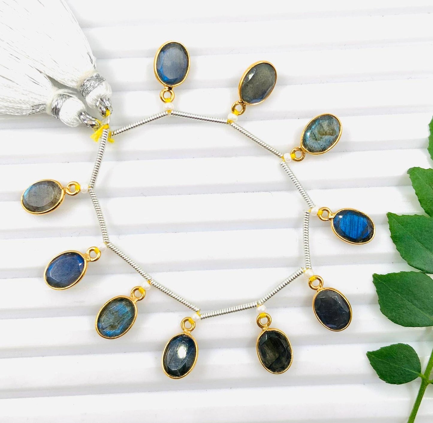 10 Labradorite Gold Bezel Connectors, Oval Gemstone Charms (6x8mm)