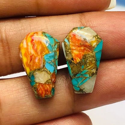 1 Pair Spiny Oyster Copper Turquoise Smooth Cut Coffin Shape Gemstone, Size 11X18mm, Matching Pair Briolette, Earring Making , SKU - BBI997