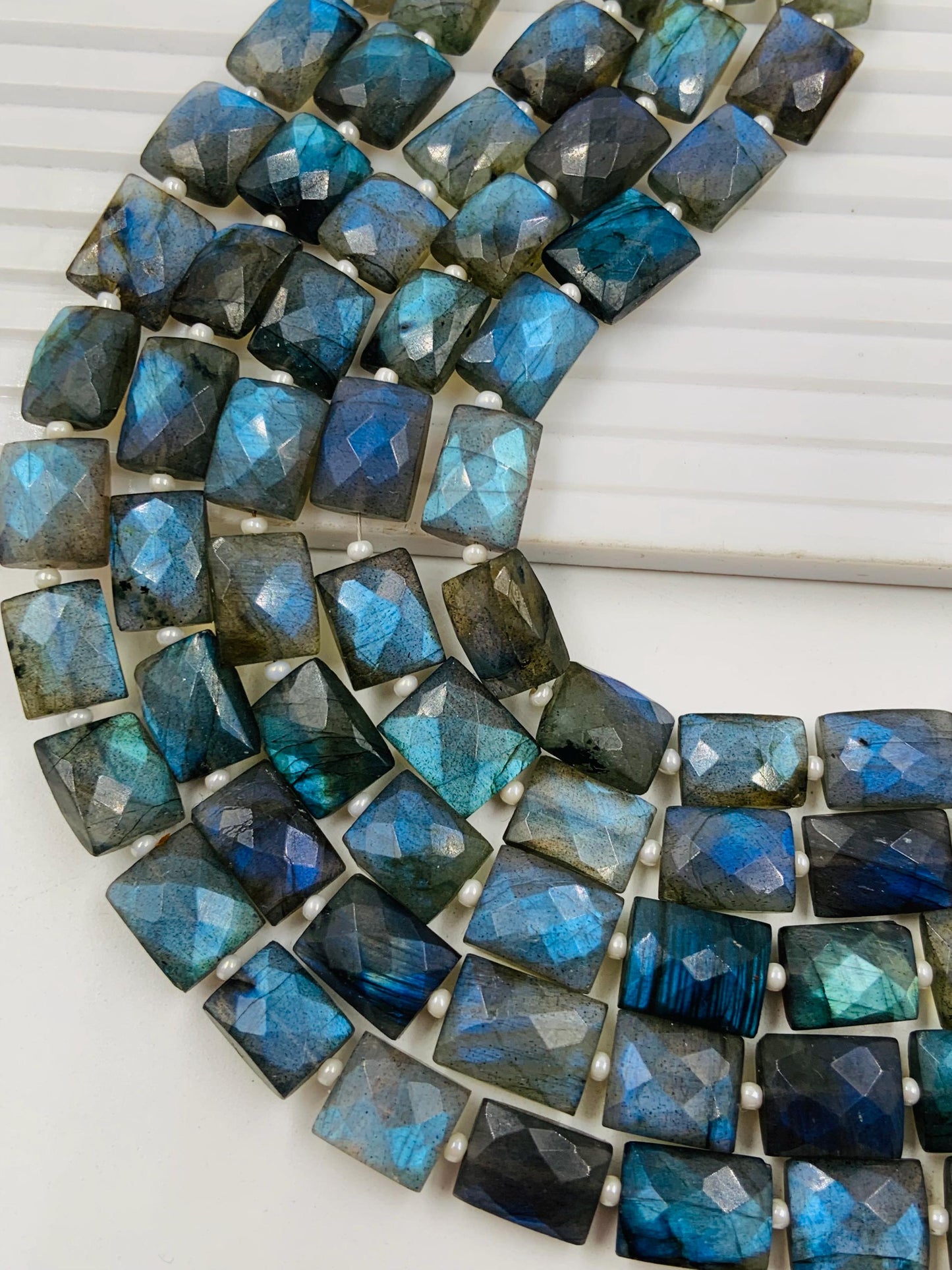 Natural Labradorite Rectangle Beads - Faceted Center Drill Gemstone Strand 8"