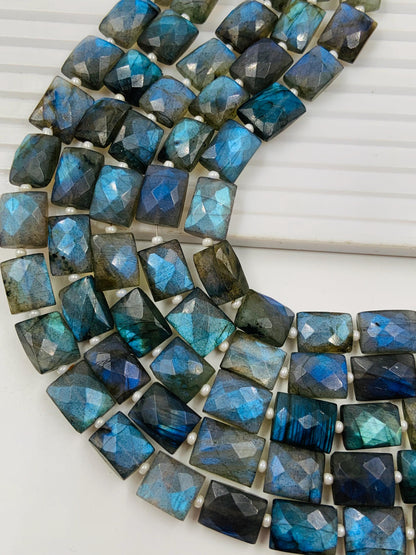 Natural Labradorite Rectangle Beads - Faceted Center Drill Gemstone Strand 8"