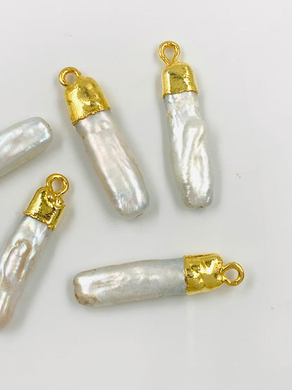 5 Pcs Natural White pearl Barque Shape Gold Bezel Connector Dainty Pearl for wedding Jewelry Size 6x22mm Connectors for pendent gift for her