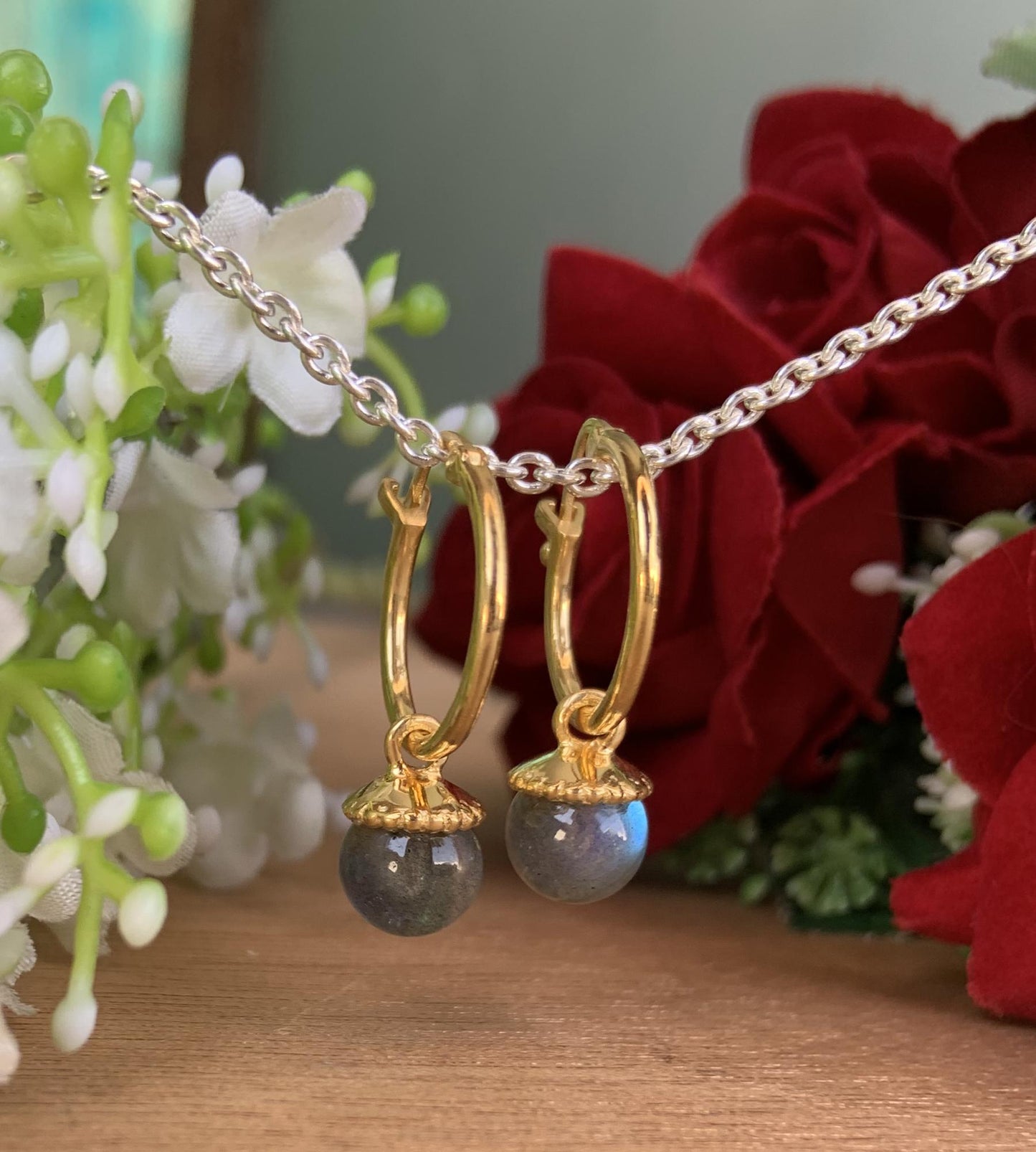 Labradorite Hoop Huggies Earrings ~ Silver & Vermeil Gold Earrings ~ Gift For Mom ~ Dangling Pearl Earrings ~ Bridesmaids Earrings ~