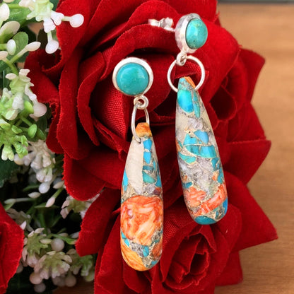 Turquoise & Spiny Oyster Shell Teardrop Dangle Earrings – Handmade Sterling Silver Jewelry