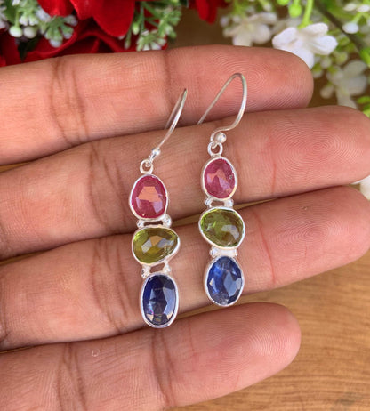 Rosecut Ruby, Peridot and kyanite combination silver Earrings ~ Birthstone Earrings ~ Birthday Gift For Her ~ Handmade Silver Jewelry ~ E-45