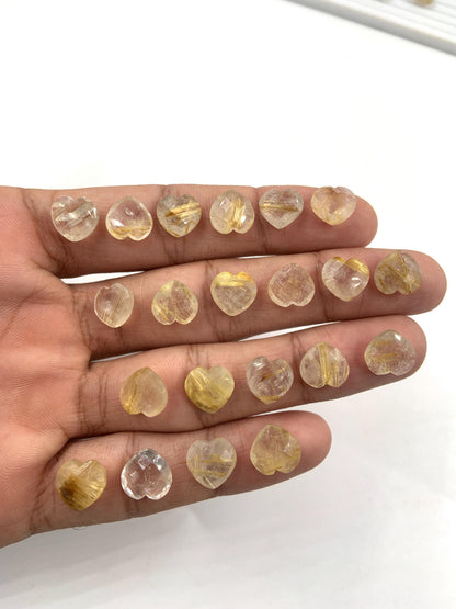 2 Pieces Natural Golden Rutile Faceted Heart Shape Gemstone, Size 10mm, Hand Carved Heart Briolette, Jewelry Making Beads, SKU - BBI318