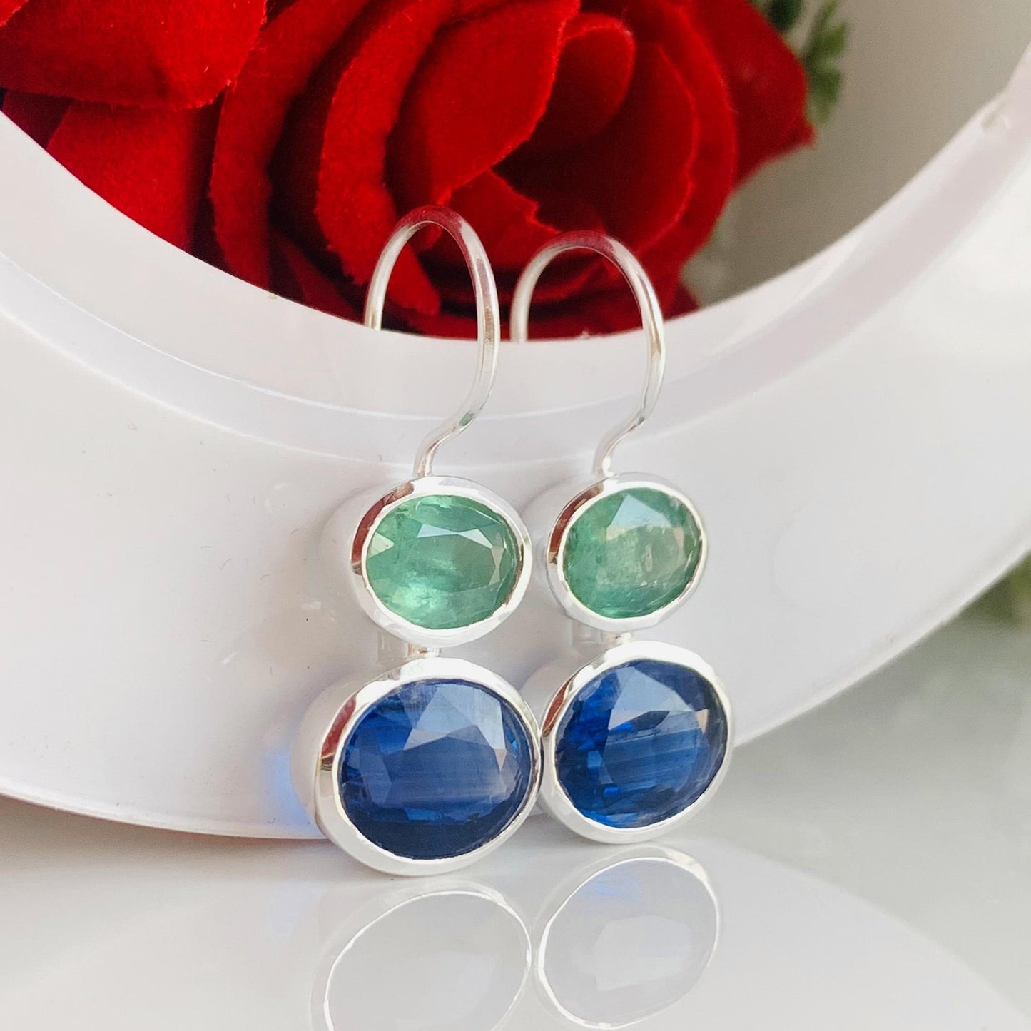 Captivating Duo Kyanite earrings ~ Blue & Green Color combination ~ Silver and Gold Finish ~ Birthday gifts for her ~ E-0021