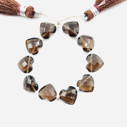 10 Pcs Natural Smoky Quartz Carved Heart shape Gemstone Briolette, Faceted Heart Shape Side Drilled Beads, Beads For Jewelry, SKU-BBI310