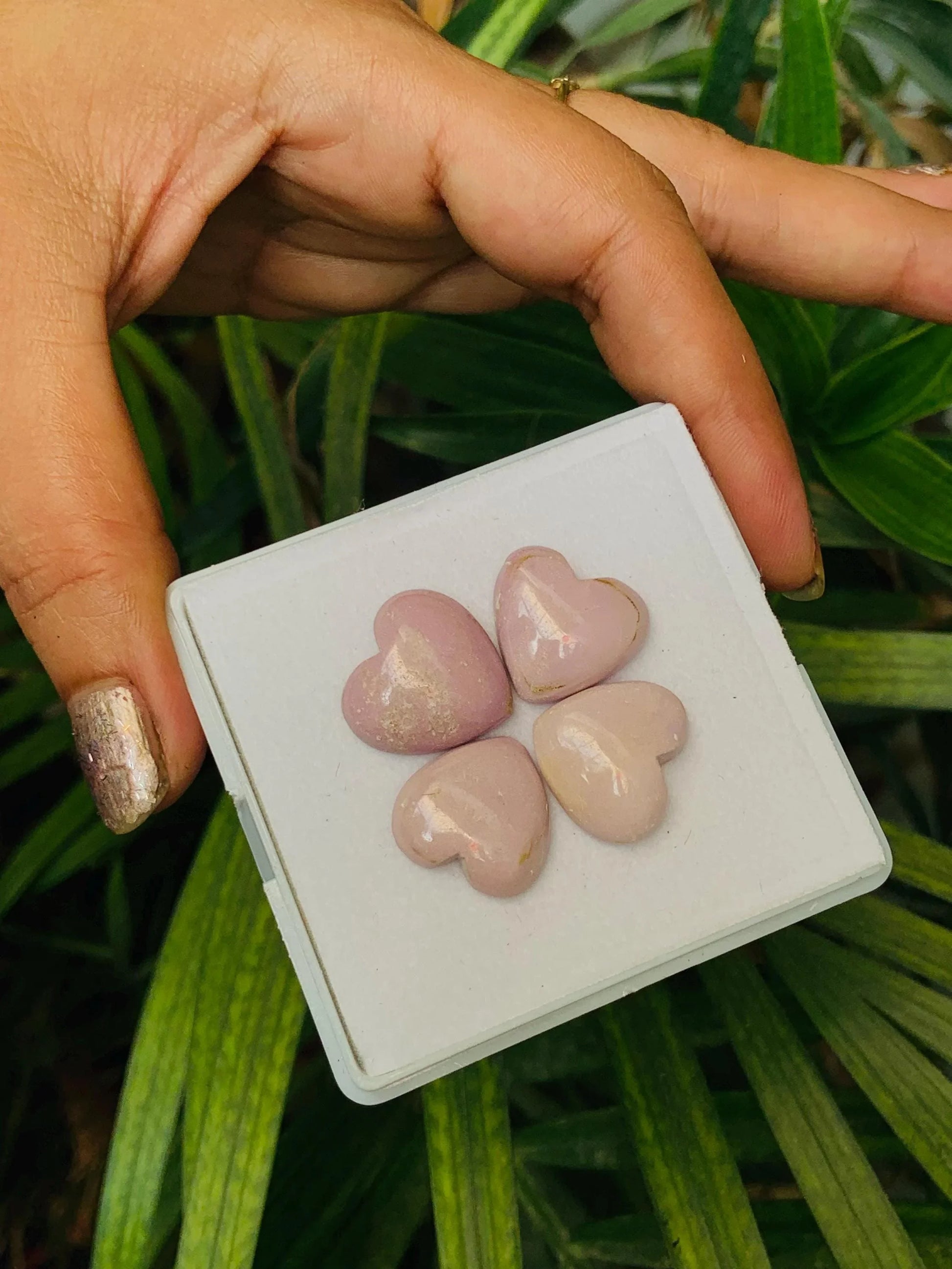 Hand holding a box with four pink heart-shaped gemstone cabochons, plants in background.