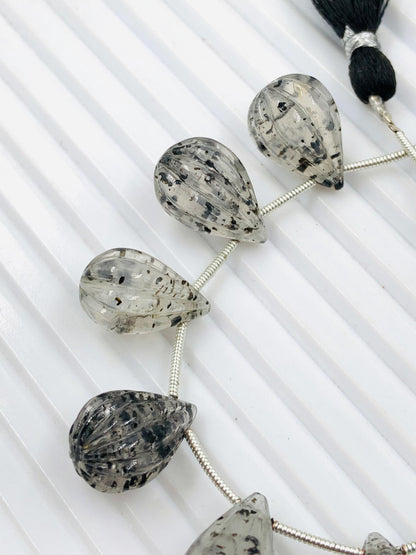 10 Pieces Natural Black Dot Quartz Carved Drops Briolette Beads Size 16x10mm black Dot Quartz Faceted Gemstone Tear drops for Jewelry making