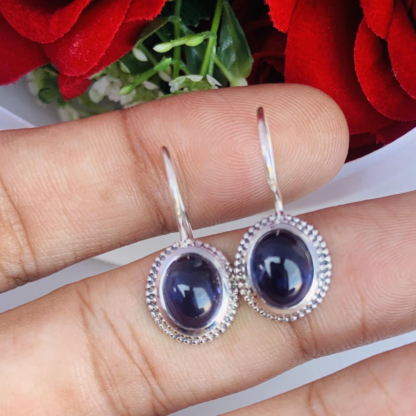 Natural Iolite Earrings ~ Boho Silver Earrings ~ Oval Shape Blue Stone ~ Cold Tone Earrings ~ Available in 18k Gold Finish ~ E-0024