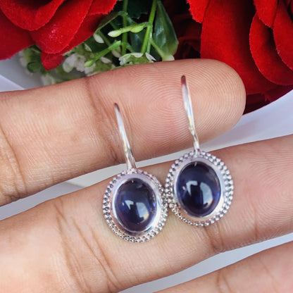 Natural Iolite Earrings ~ Boho Silver Earrings ~ Oval Shape Blue Stone ~ Cold Tone Earrings ~ Available in 18k Gold Finish ~ E-0024