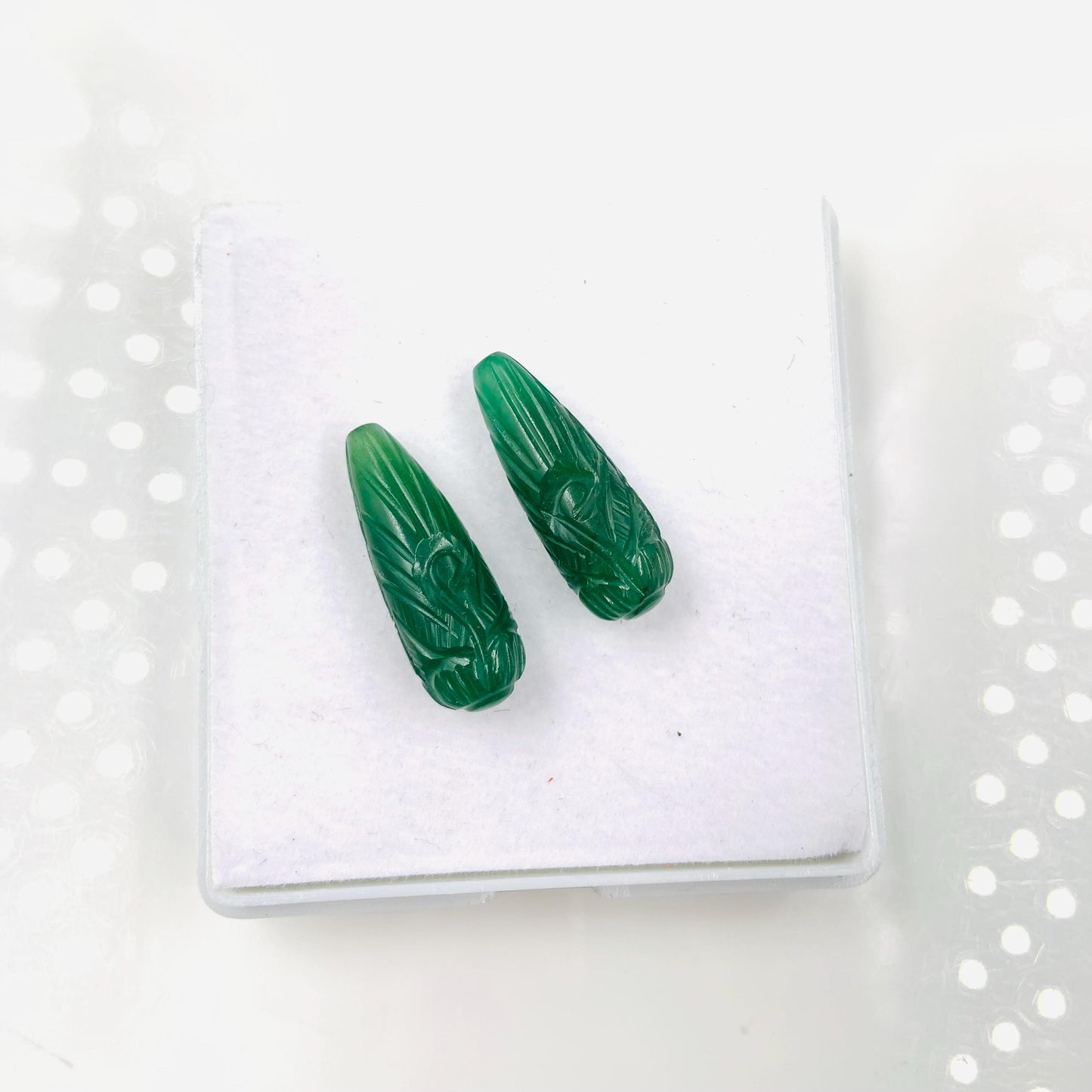 Hand Carved Green Jade Briolette Beads: Drop Shape Gemstone Pair (9x26mm