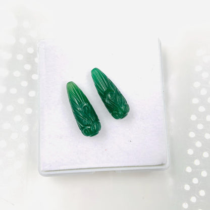 Hand Carved Green Jade Briolette Beads: Drop Shape Gemstone Pair (9x26mm
