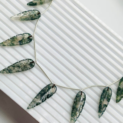 10 Pieces Natural Moss Agate Leaf Shape Carved Briolette Beads