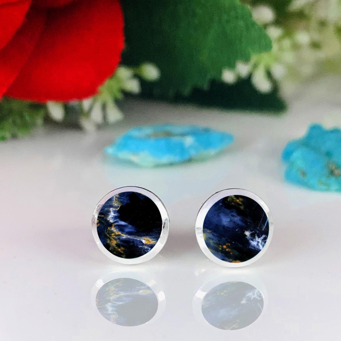 Pietersite Stud Earrings ~ Round Blue Gemstone Earrings ~ Sterling Silver Minimalist Studs ~ Dainty Natural Stone Jewelry ~ Gift for Her