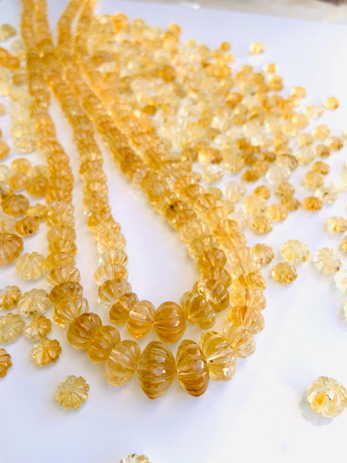 Natural Citrine Carved Melon Rondelle Beads 8 Inch Strand | Center Drill Fancy Briolette Gemstone