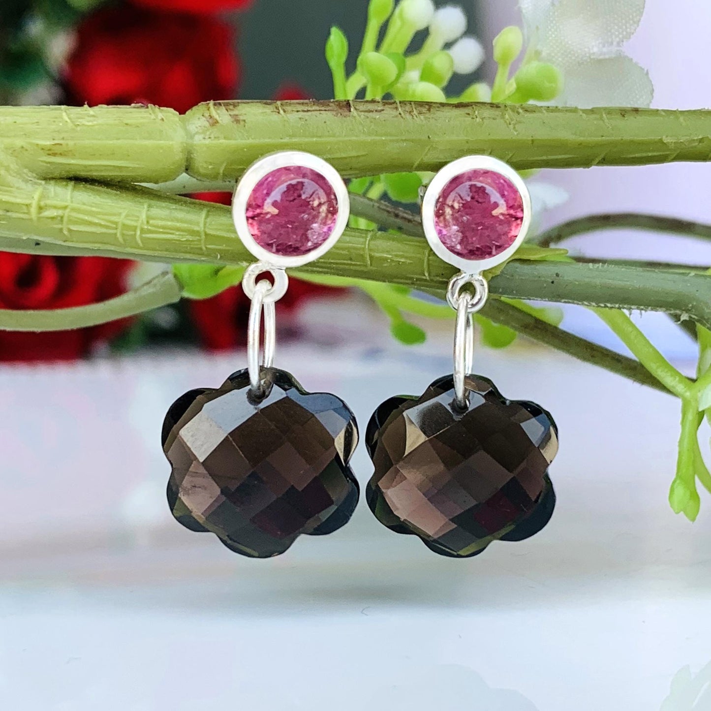 Elegant Smoky Quartz & Pink Tourmaline Floral Dangle Earrings ~ Sterling Silver Handmade Gemstone Jewelry for a Sophisticated Look