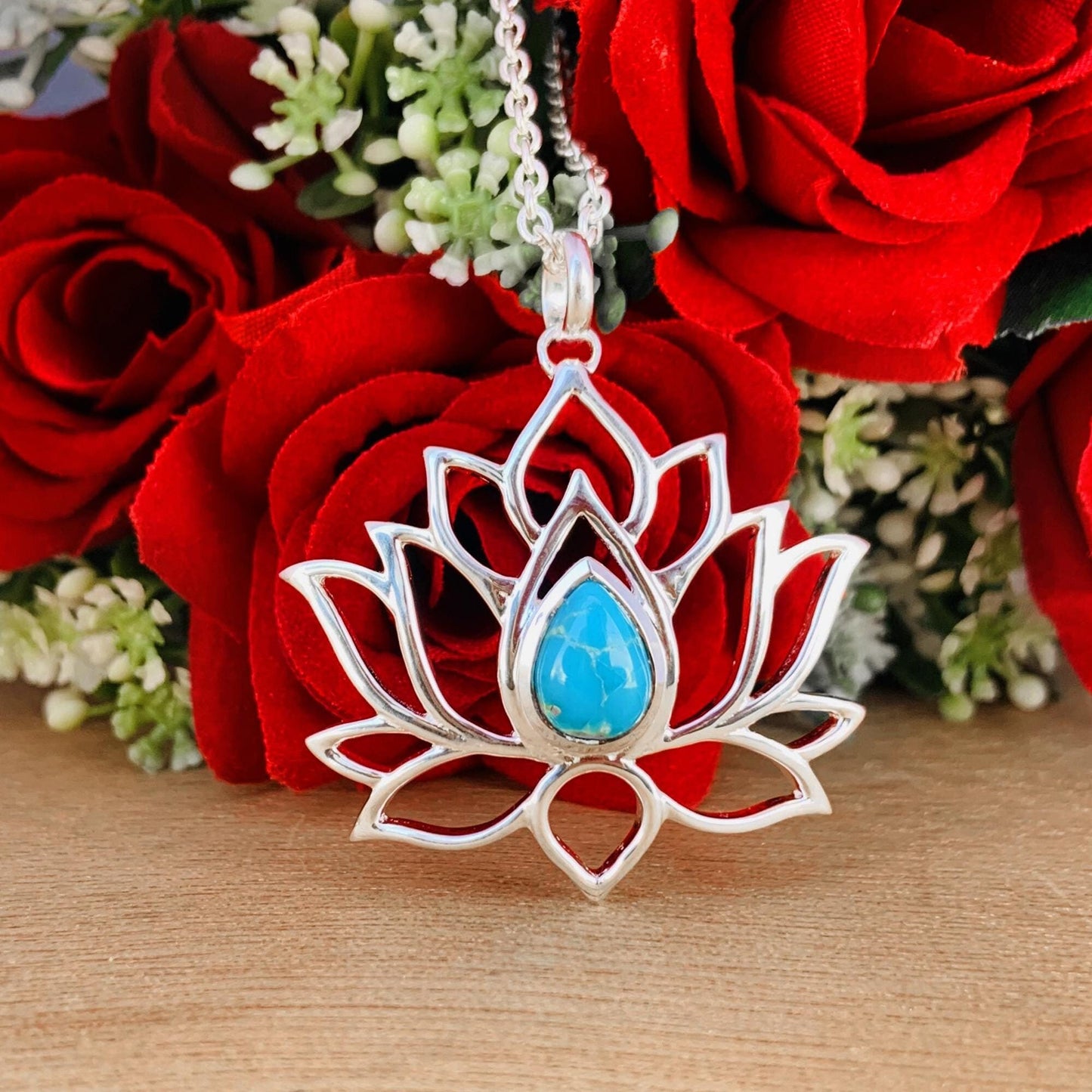 Lotus Silver Necklace Pear Turquoise Pendant - Statement Flower Boho Gift