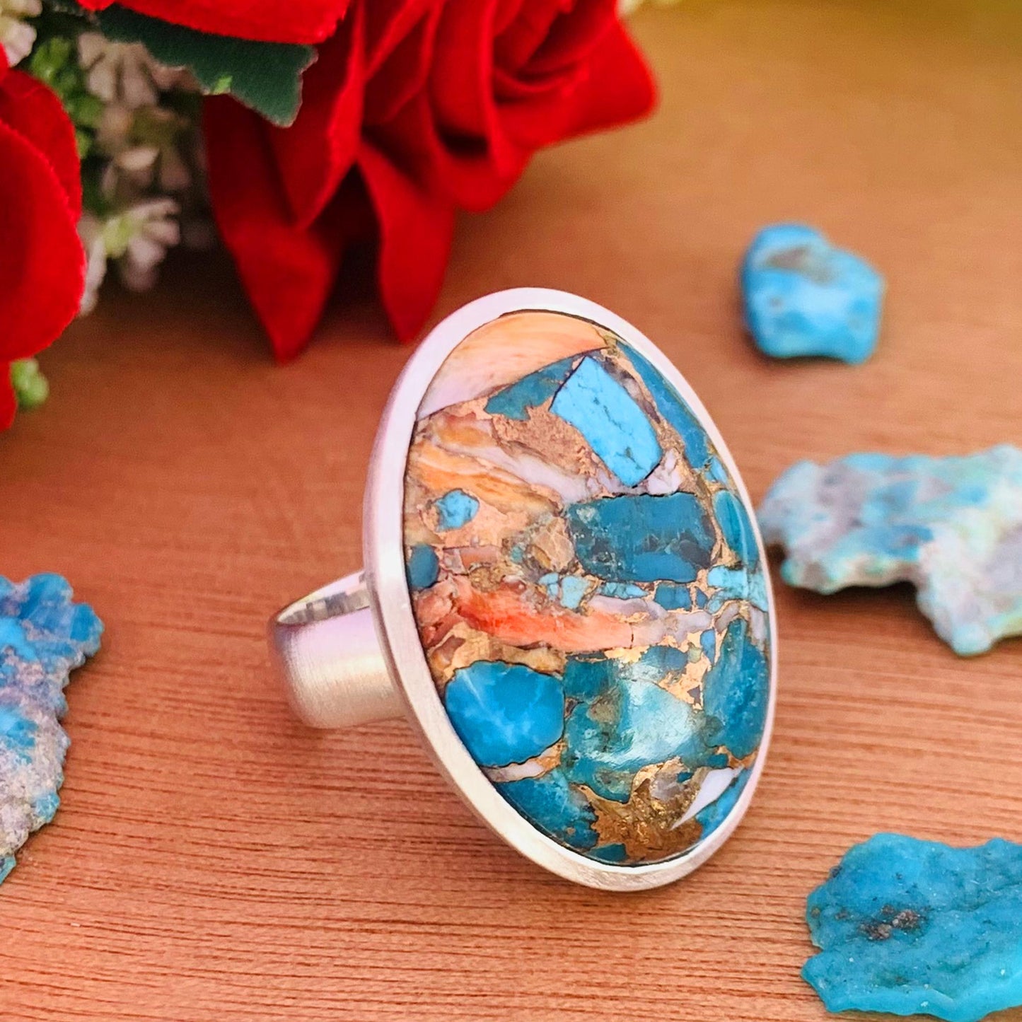Big Oyster Copper Turquoise Statement Ring - 925 Silver Matte Finish