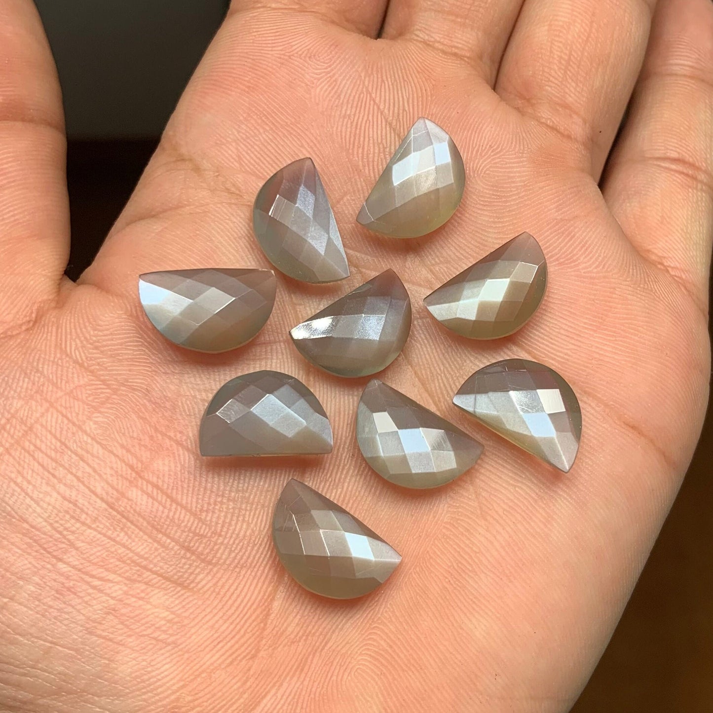 Natural Gray Moonstone Gemstone Beads, Faceted Half Moon "D Shape Beads, Carving Gemstone, Size 11x16 mm, Loose Beads For Jewelry making