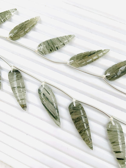10 Pcs Natural Green rutile Leaf Shape Carved Gemstone Beads Briolette, Green rutile Gemstone for Jewelry Making Size 30x10x4mm gift for her