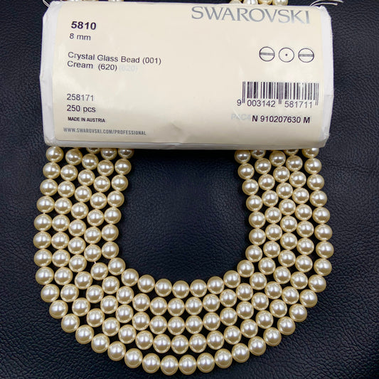 Crystal Cream (001 620) Genuine Swarovski 5810 Pearls Round Glass Beads jewelry making, Cream Color Pearl Center Drill hole | Size 6mm, 8mm