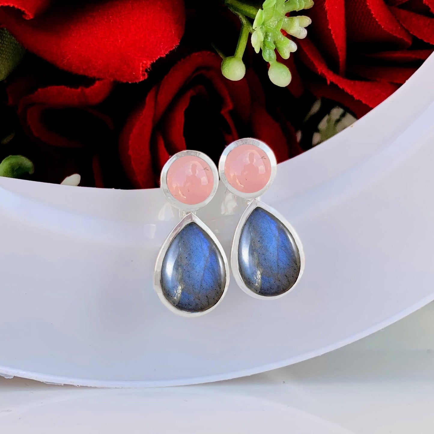 Deliciated Silver Stud Earrings ~ Pink Rose Quartz and Labradorite ~ Silver and Vermeil Gold Earrings ~ High Finish Jewelry For Her ~ E-0082