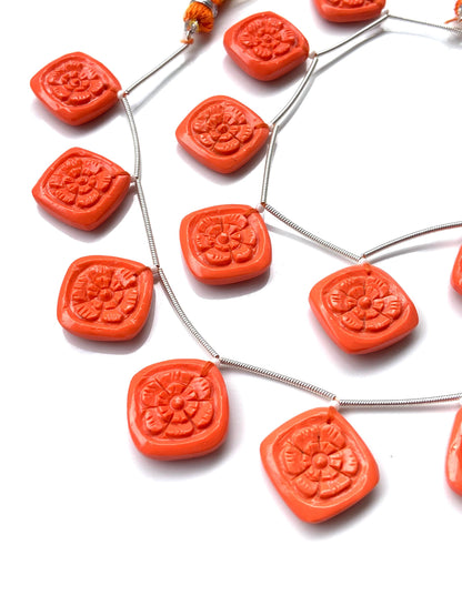 Red Coral Carved Cushion Flower Briolette Beads – 8pcs 17x17x5mm