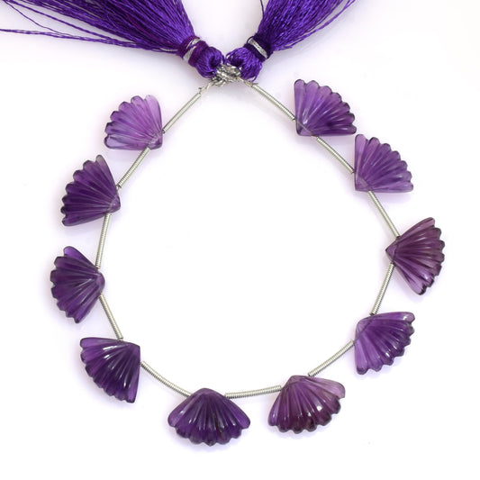 Natural Amethyst Faceted Carved Fan Shape Gemstone Beads 10 Pcs