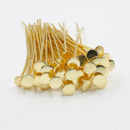 50 PCS Gold - Plated Decorative Headpin, Fancy Headpins, Gold Flat Round Headpins, Professional Jewelry Making Findings, Beading SKU - BC306 - BeadsBoatInc