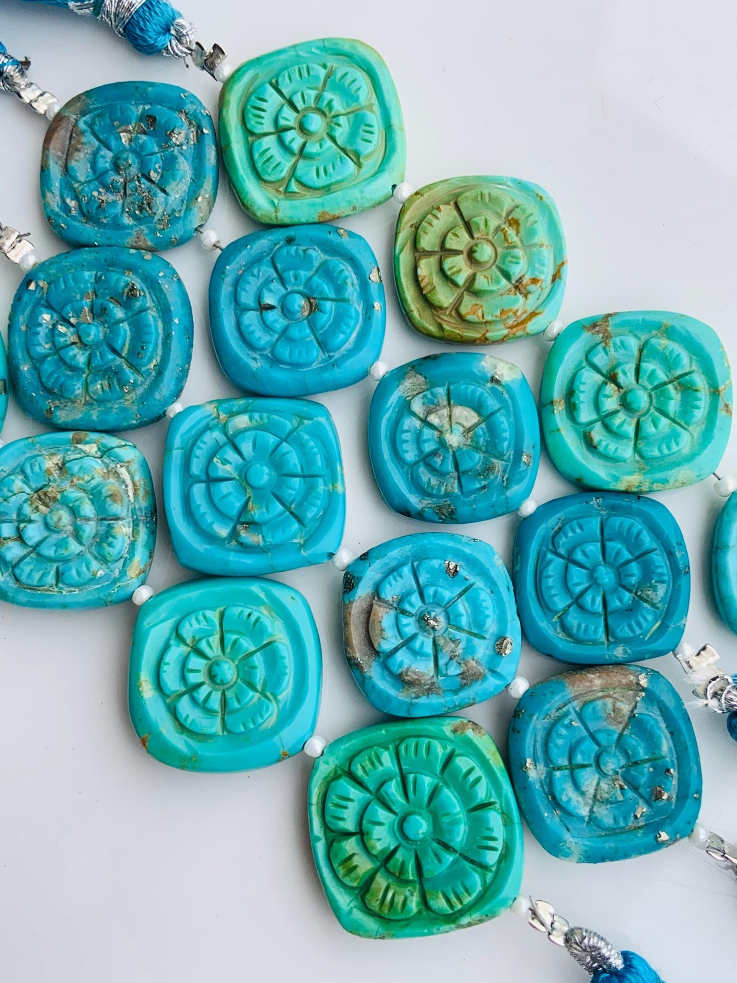 4 Pcs Arizona Turquoise Carved Flower Briolette Beads 17x17mm | Fancy Gemstone Beads