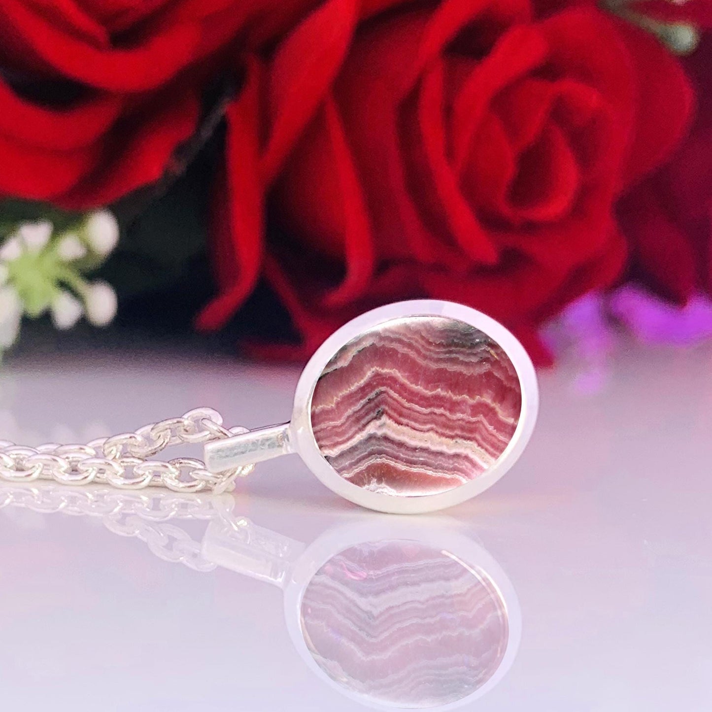 Pink Rhodochrosite Necklace – Dainty Silver Birthstone Pendant, Gift for Her