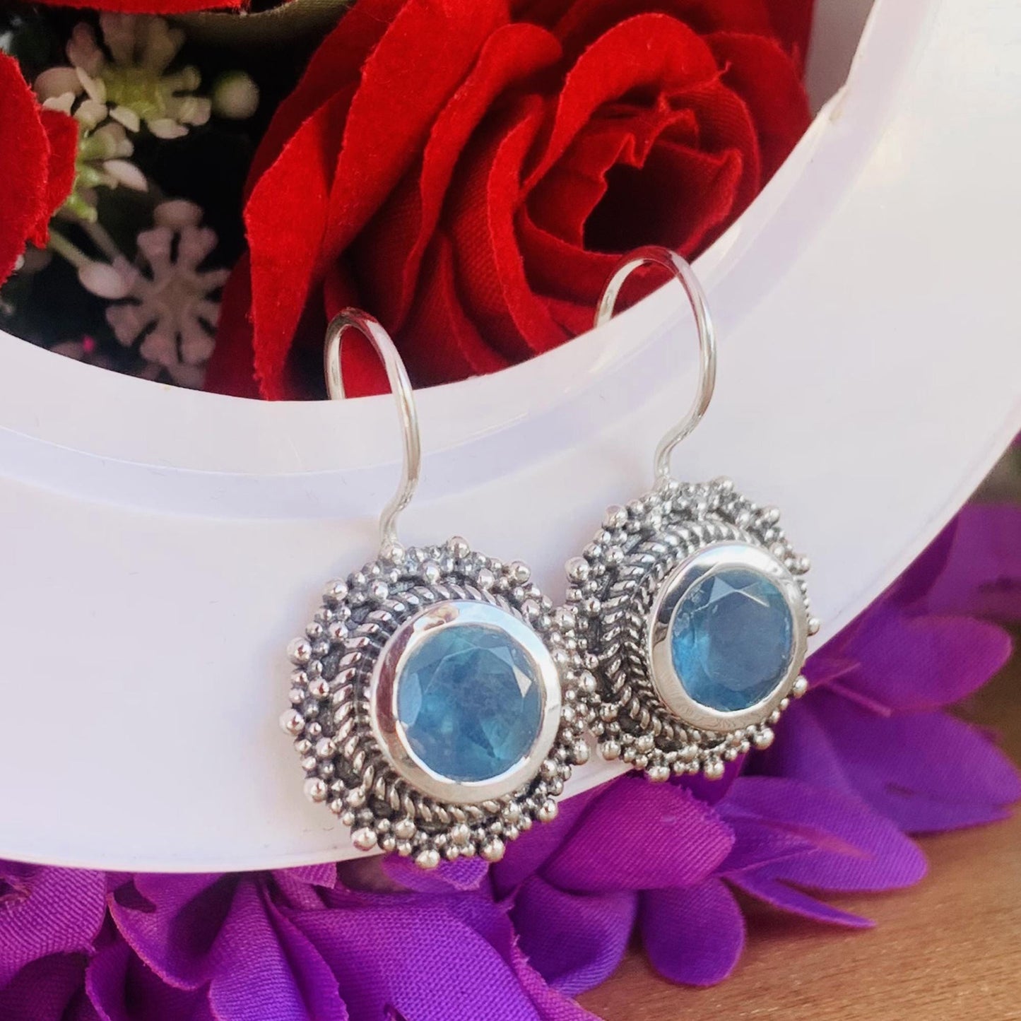Round Blue Aquamarine Earrings ~ Boho Style Silver Earrings ~ birthstone earring ~ Dangling Earrings ~ Gift For Her ~ E-0029