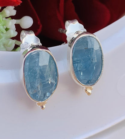 Kyanite Studs Earrings ~ Dainty Silver and Vermeil Gold Studs ~ Rosecut Birthstone Jewelry ~ Gift For Her ~ E-Anniversary Gift ~ E-0046