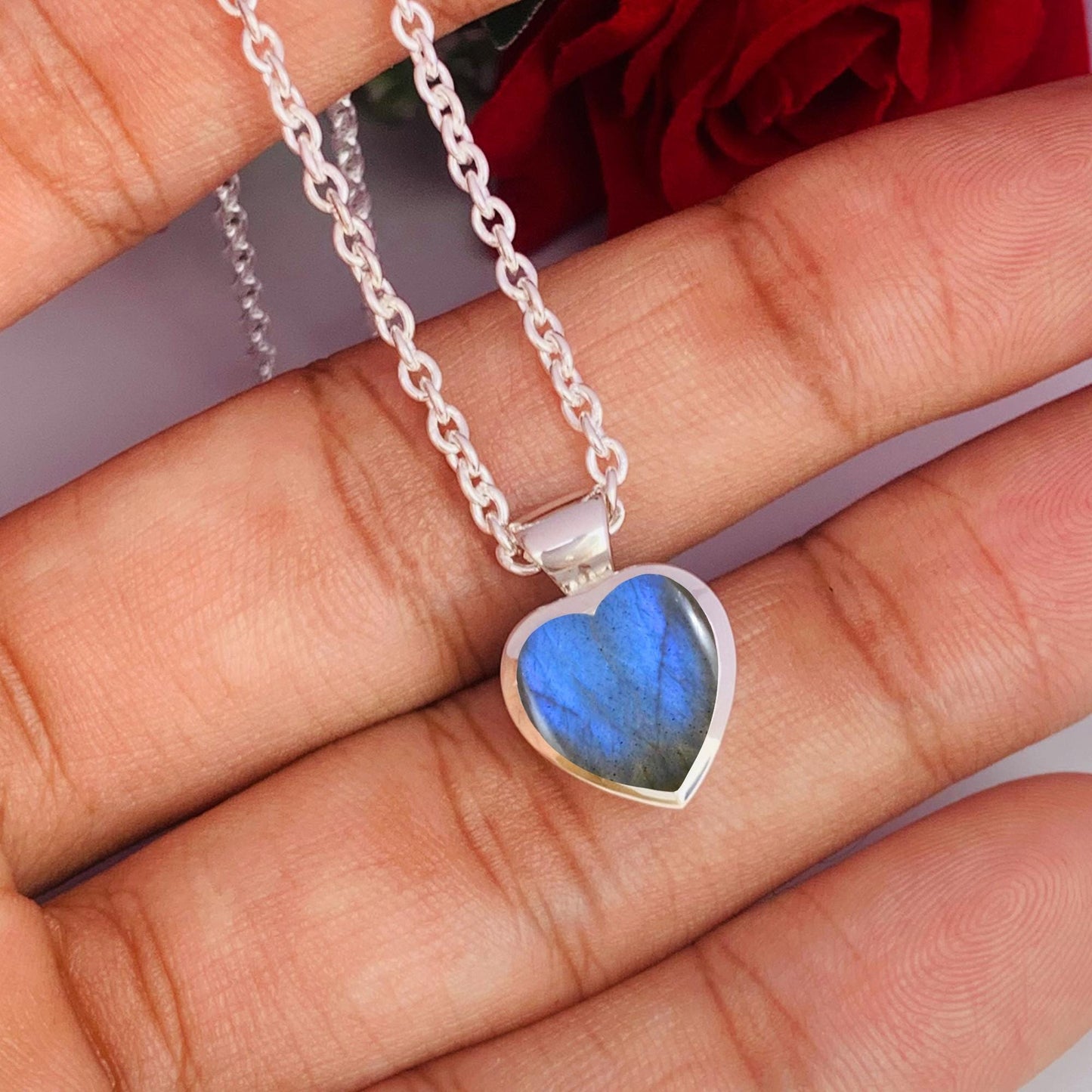 Dainty Labradorite Heart 925 Sterling Silver Necklace