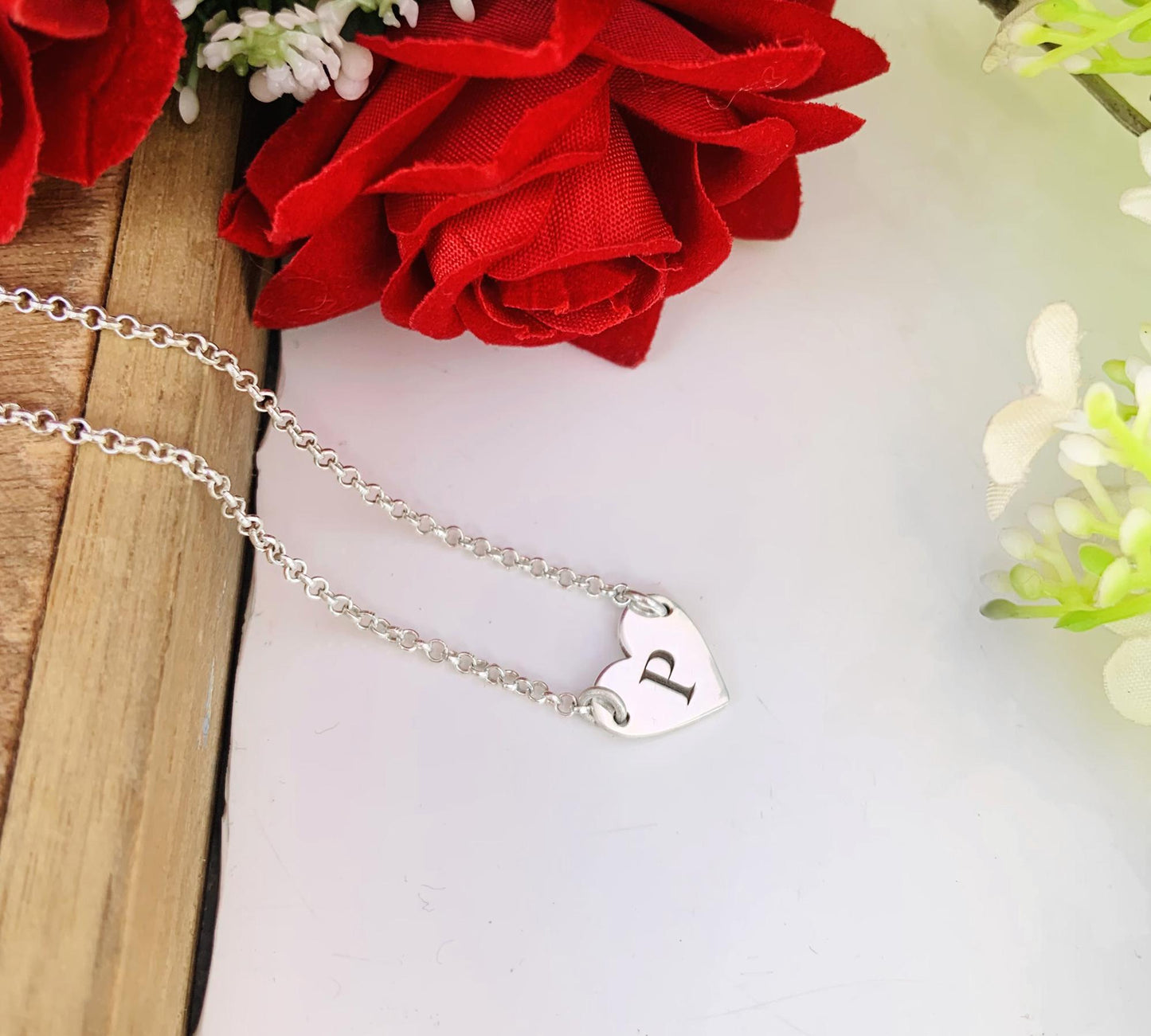 Silver Initial Necklace with Heart Pendant – Personalized Letter, Gold & Rose Gold, Gift for Her