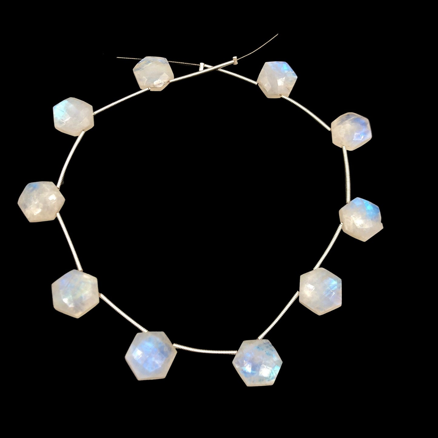 10 Pieces AAA Quality White Rainbow Moonstone Faceted Hexagon Shape Beads , Side Drill , Natural White Rainbow Moonstone , SKU - BBI1080