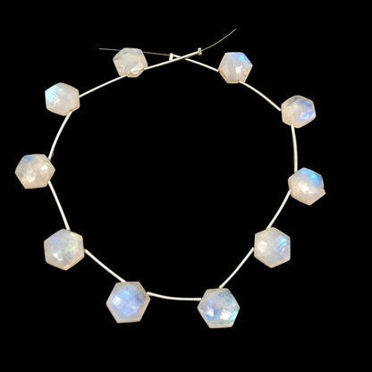 10 Pieces AAA Quality White Rainbow Moonstone Faceted Hexagon Shape Beads , Side Drill , Natural White Rainbow Moonstone , SKU - BBI1080