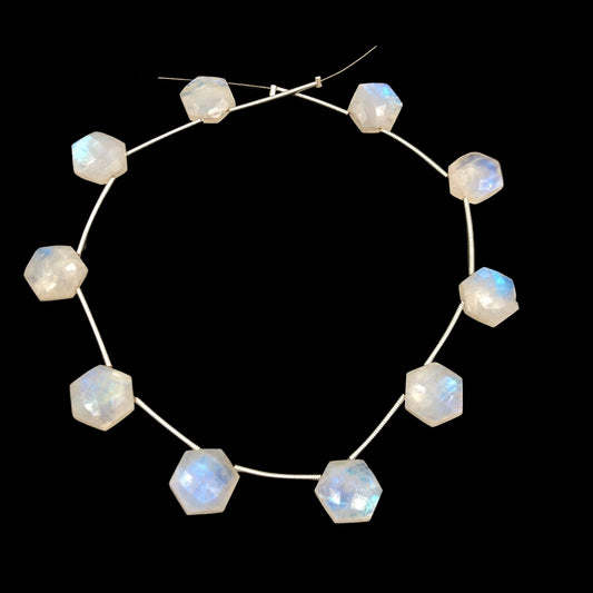 10 Pieces AAA Quality White Rainbow Moonstone Faceted Hexagon Shape Beads , Side Drill , Natural White Rainbow Moonstone , SKU - BBI1080