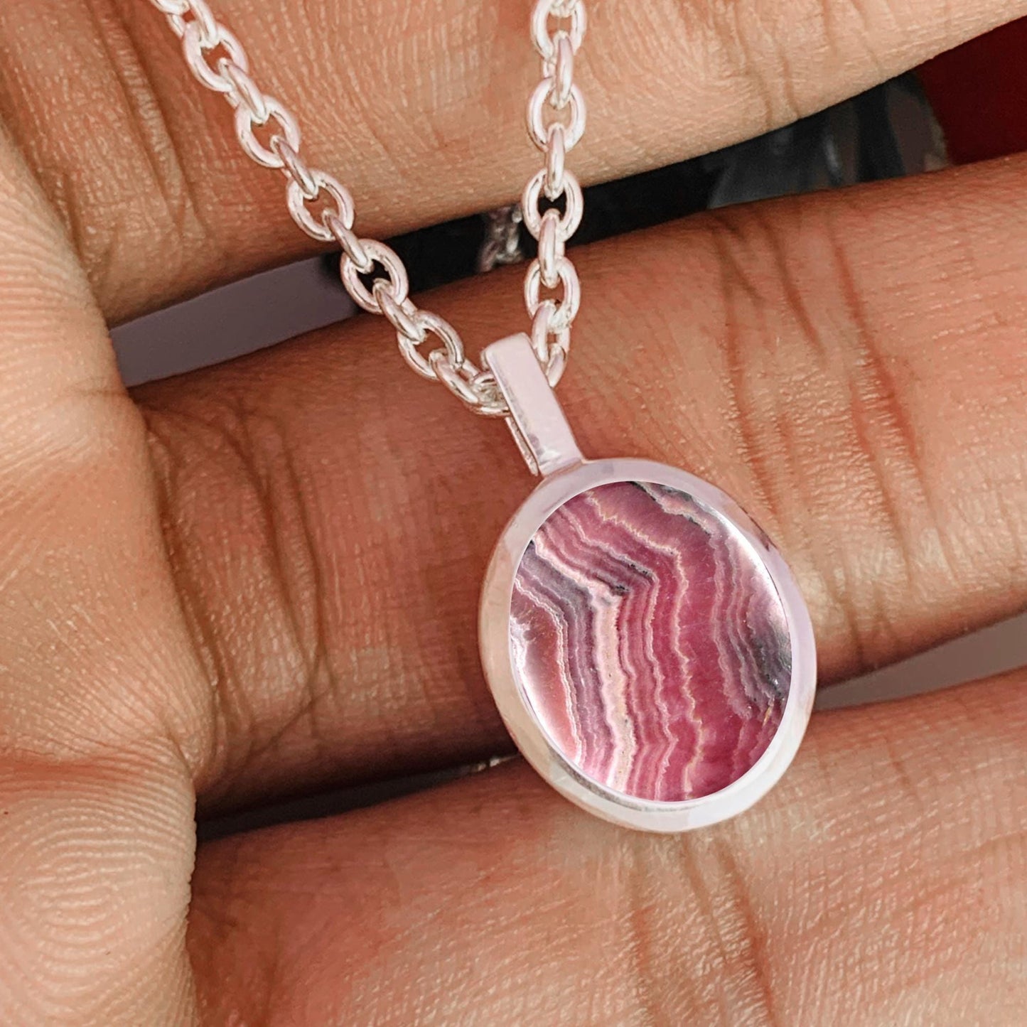 Pink Rhodochrosite Necklace – Dainty Silver Birthstone Pendant, Gift for Her