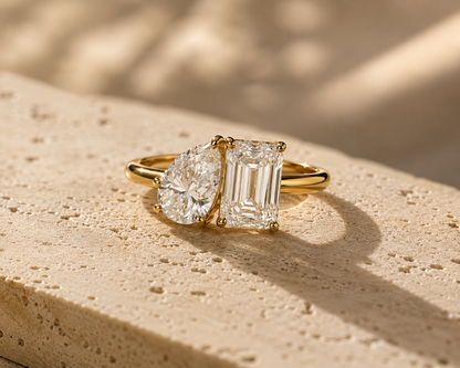 Toi Et Moi Engagement Ring - Pear & Emerald Cut Moissanite - Two Stone Solid Gold Wedding Ring