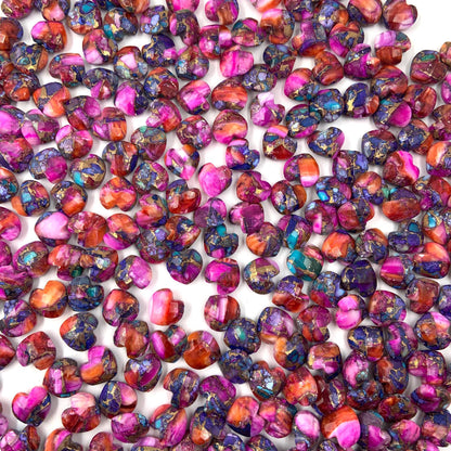 Natural Pink Spiny Oyster Copper Turquoise Hand Carved Heart Shape Loose Gemstone Beads , Carved Heart Shape Gemstone Briolette Size 10mm