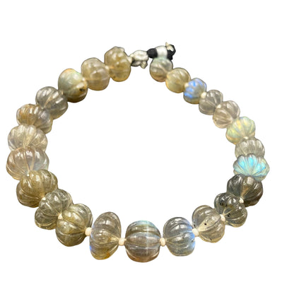 Natural Labradorite Melon Shape Beads – Blue Flash Faceted Carved Briolette Center Drill