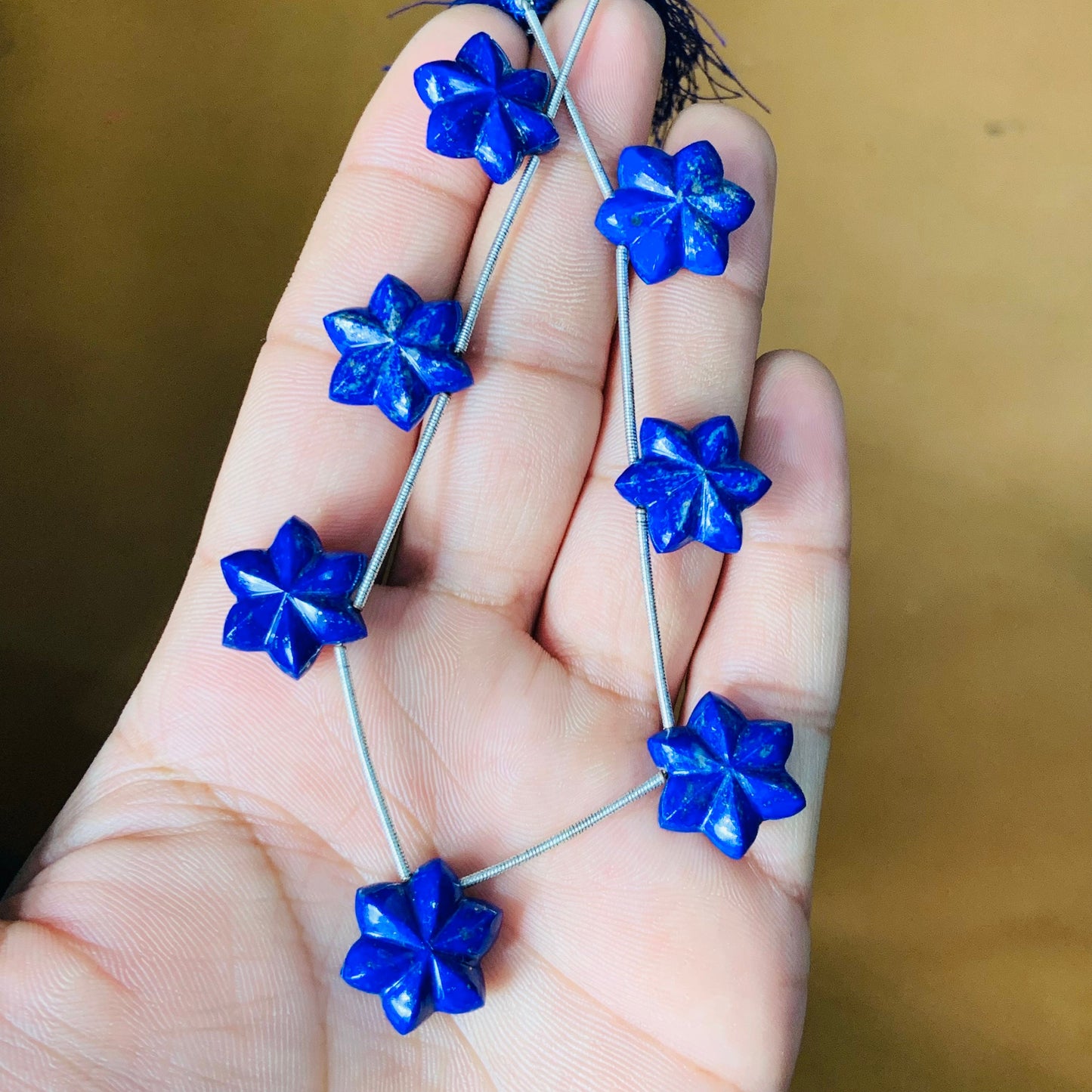 Natural Lapis Lazuli Carved Flower & Star Briolette Beads (7pc) – Side Drilled Gemstone